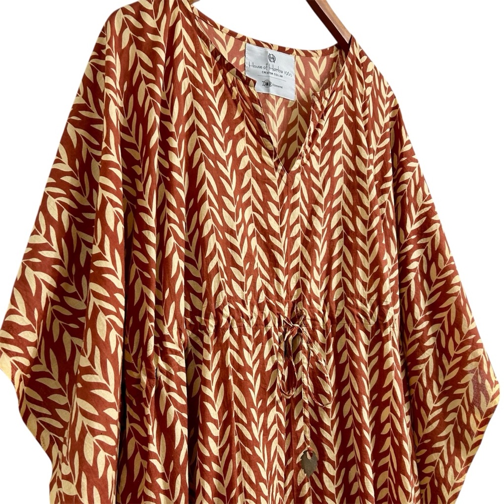 House of Harlow 1960 Brown Tan Leaf Pattern Long Caftan / Kaftan, One Size - Picture 2 of 7